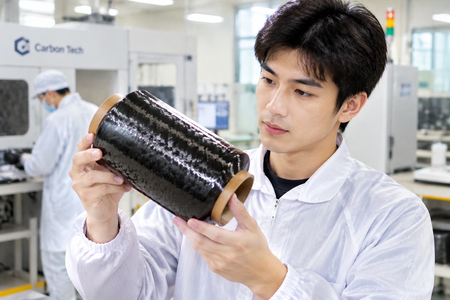 From Chemical Town to New Materials Hub: Jilin City's Makeover 24 A worker displays a spool of black carbon fiber produced in Jilin City's new material plant