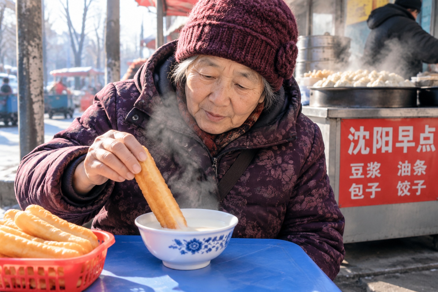 Elderly woman enjoying soy milk and fried dough stick at a morning market in Shenyang