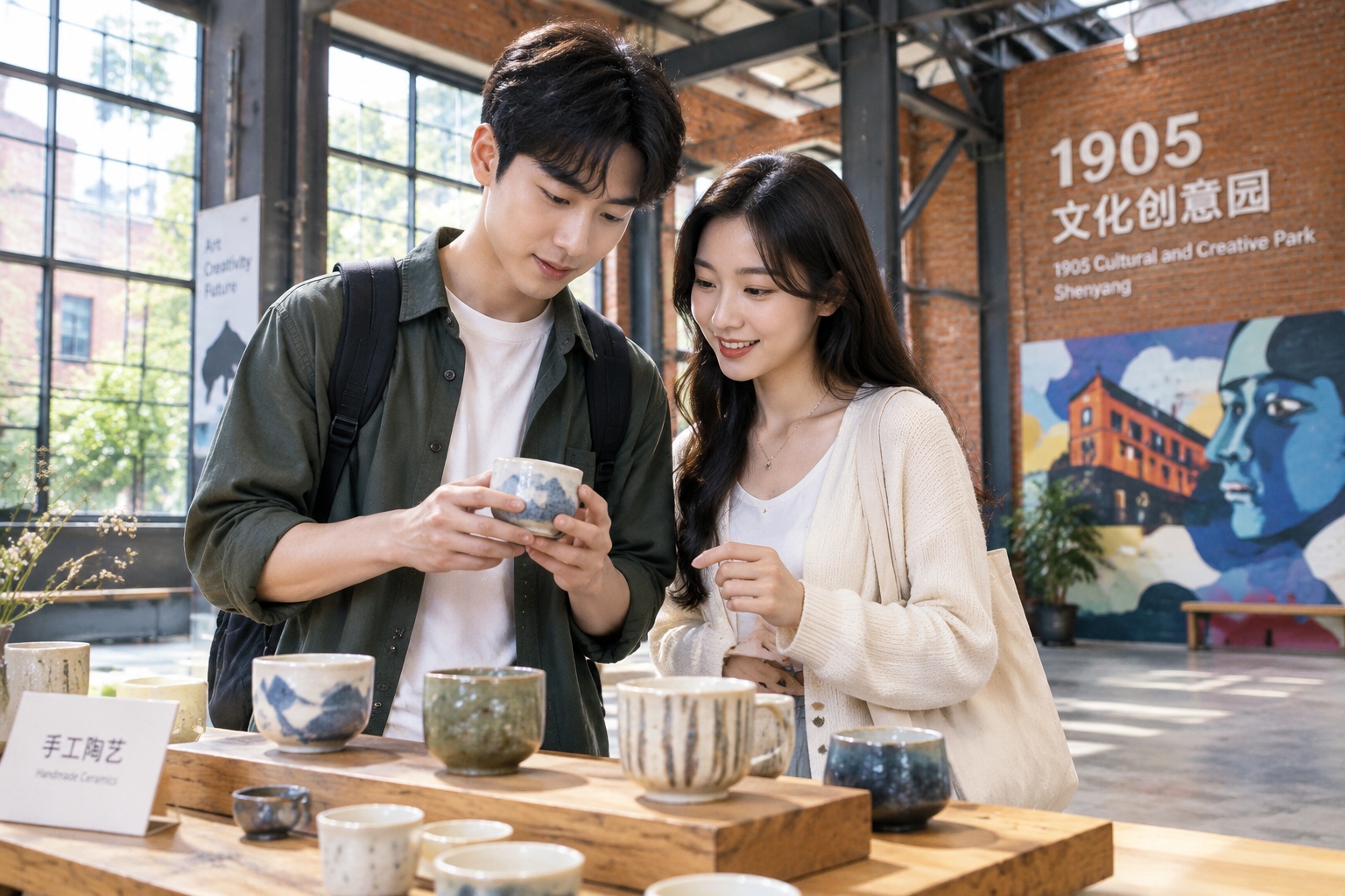 Young couple browsing ceramics at the 1905 Cultural and Creative Park, a former factory in Shenyang