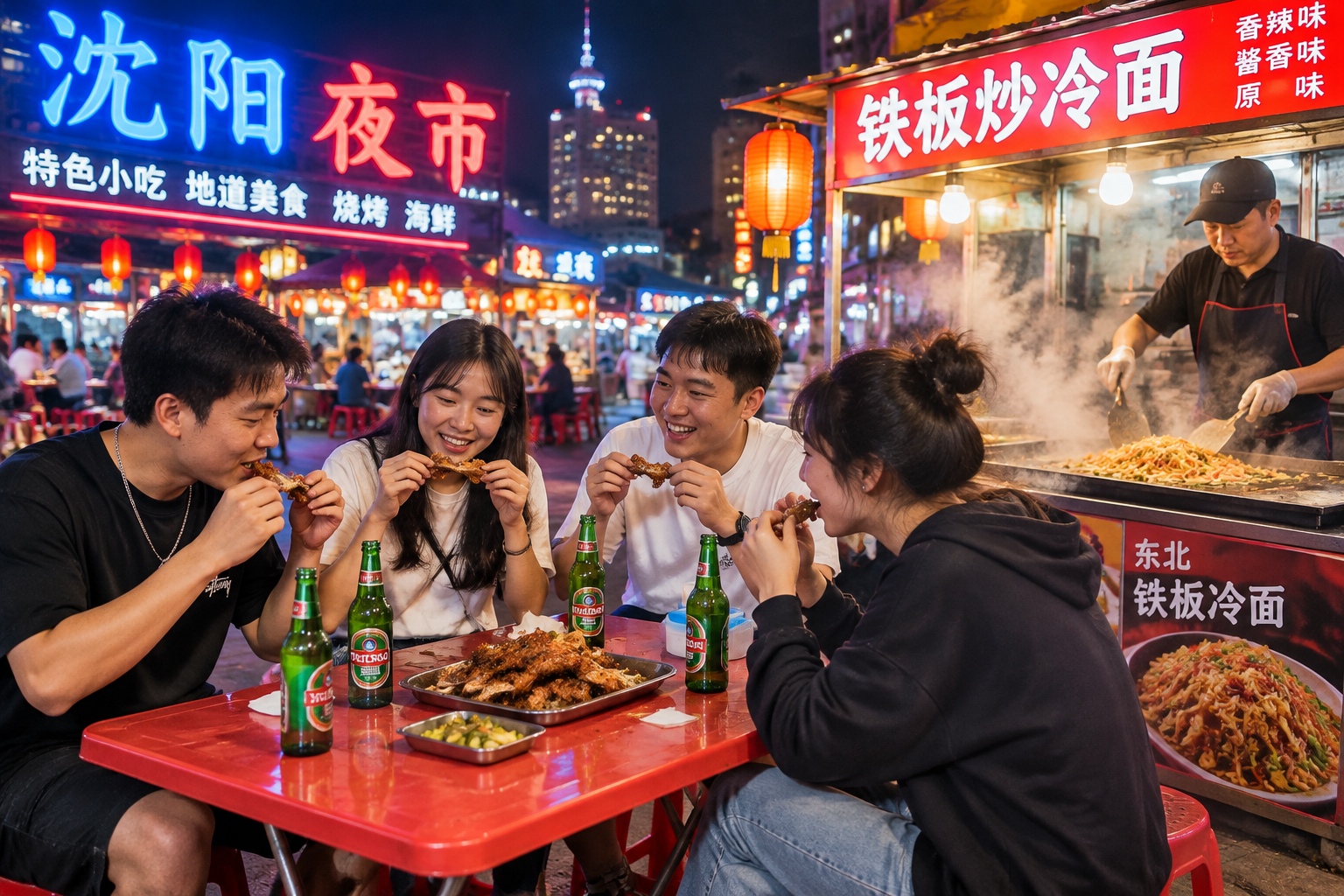 Friends eating chicken rack and drinking beer at a Shenyang night market