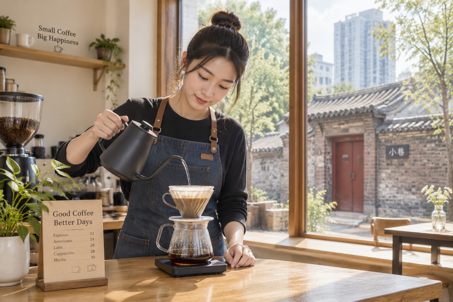 Young barista making pour-over coffee at a courtyard café in Shenyang