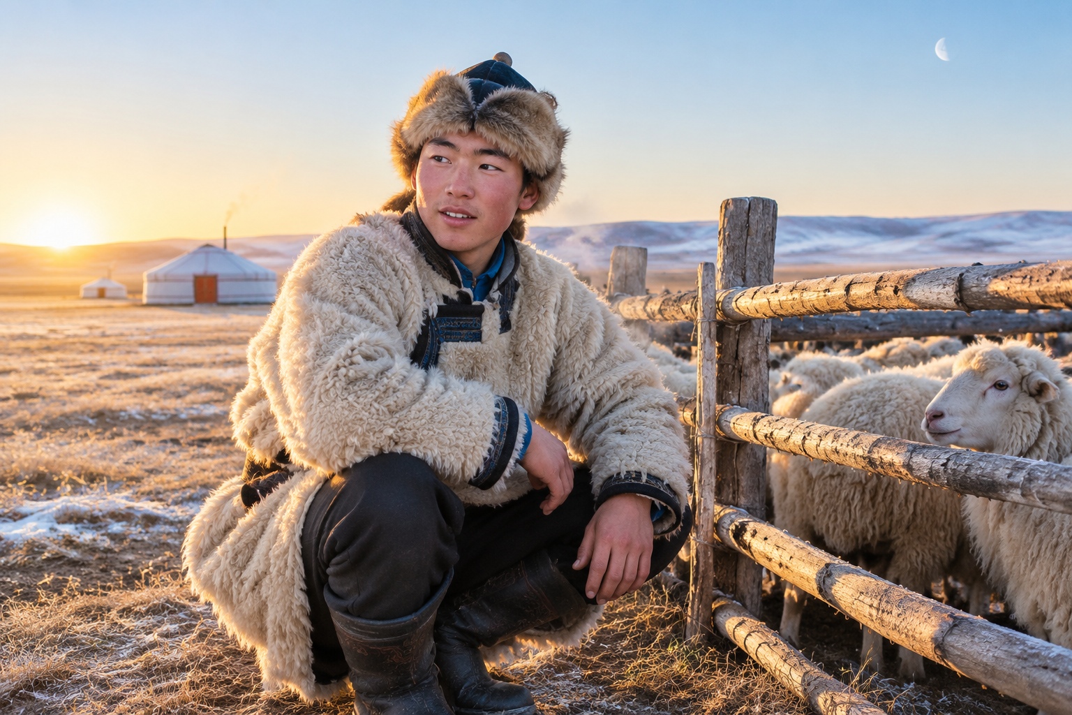 Nomads and Settlements: The Real Lives of Inner Mongolian Herders 22 Young Inner Mongolian herder checking his sheep pen at sunrise, breath visible in cold air, with traditional yurts in background