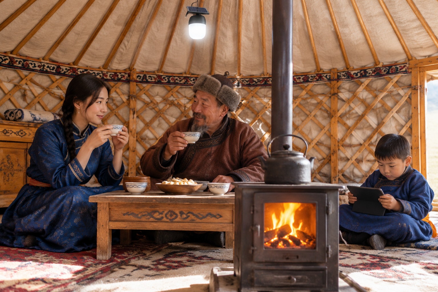 Nomads and Settlements: The Real Lives of Inner Mongolian Herders 23 Inner Mongolian family inside a yurt at lunchtime, with stove, solar light, and child using tablet