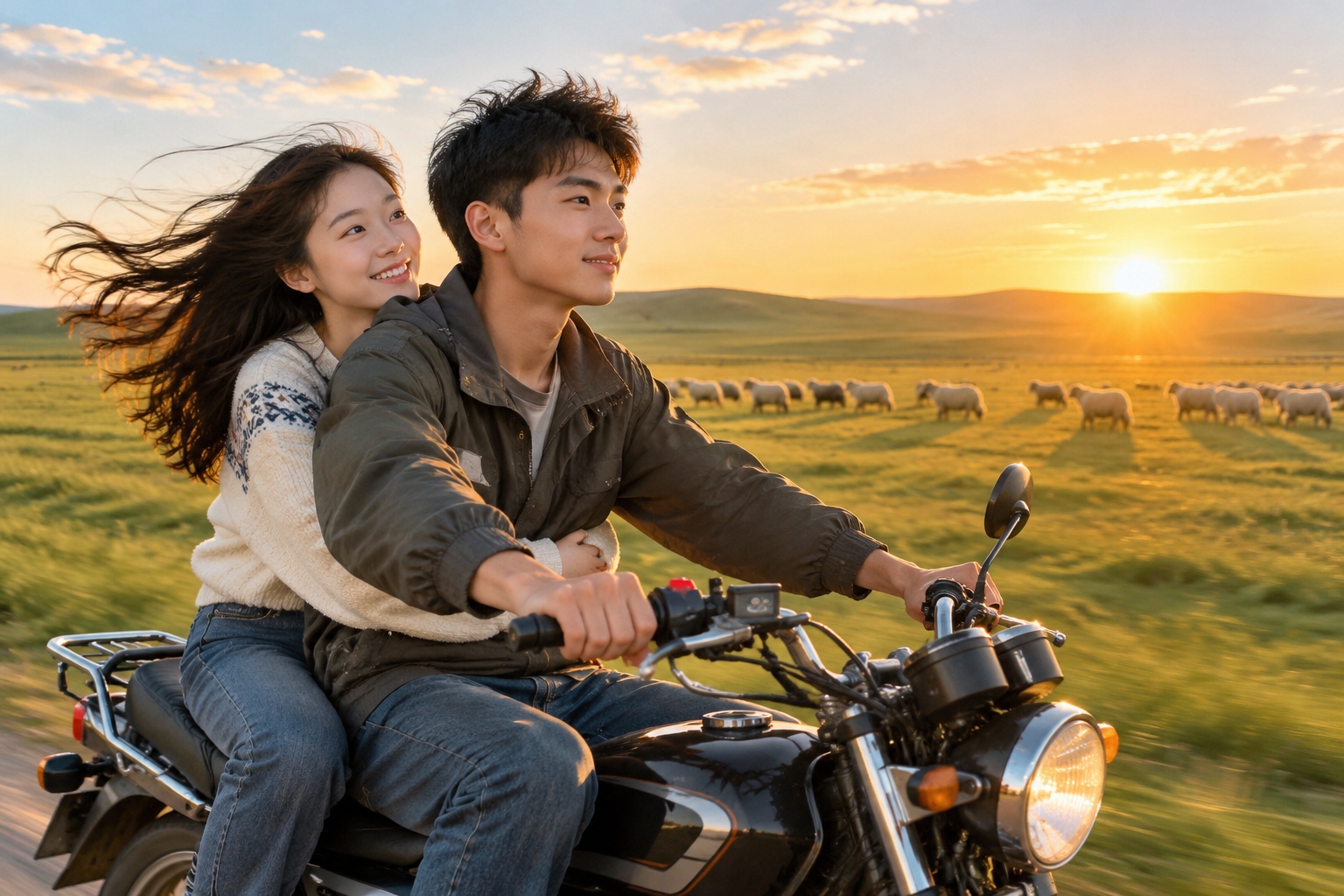 Nomads and Settlements: The Real Lives of Inner Mongolian Herders 24 Inner Mongolian herder riding a motorcycle across grassland with his niece on the back, golden sunset light