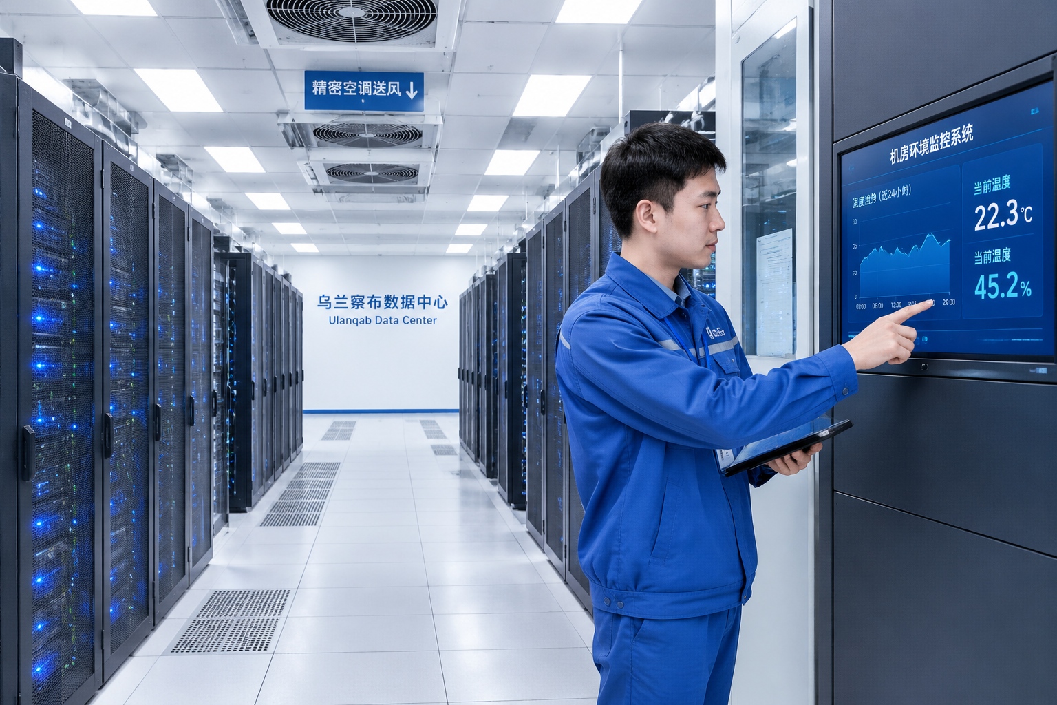 Ulanqab: Why the Grassland Has Become a Favorite Home for Data Centers 22 A Chinese engineer in a data center server room in Ulanqab, Inner Mongolia, checking temperature monitors among rows of server racks with blue LED lighting.