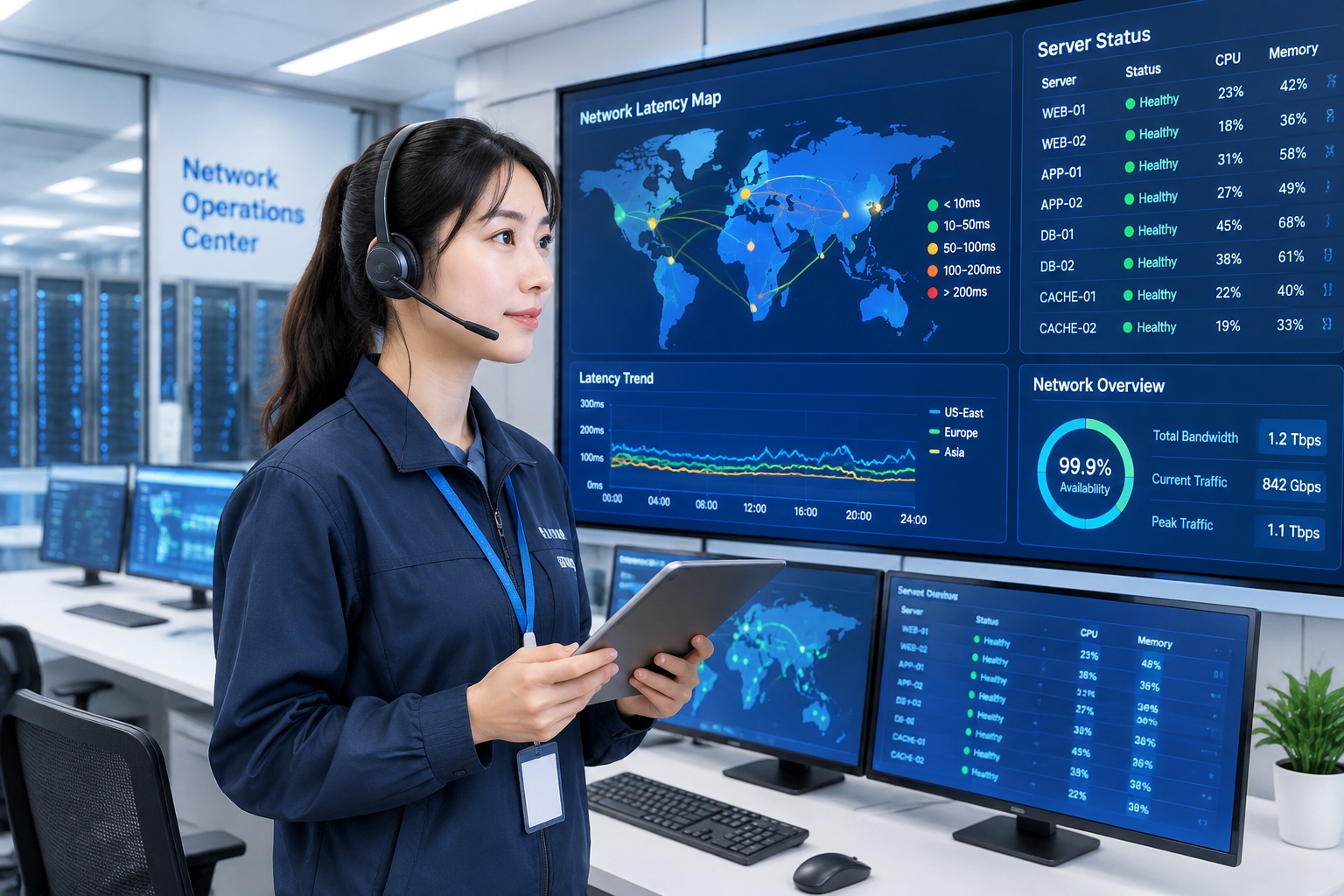 Ulanqab: Why the Grassland Has Become a Favorite Home for Data Centers 24 A young female network engineer in a Ulanqab data center control room monitoring network latency and server status on large screens.