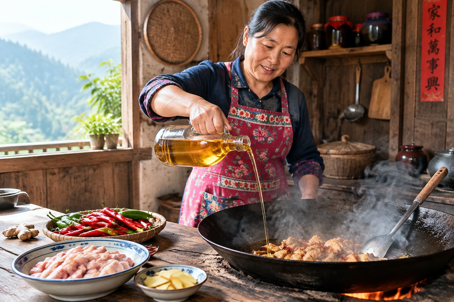 A Hunan woman pouring golden camellia oil into a wok with fresh chili and chicken in a rustic mountain kitchen