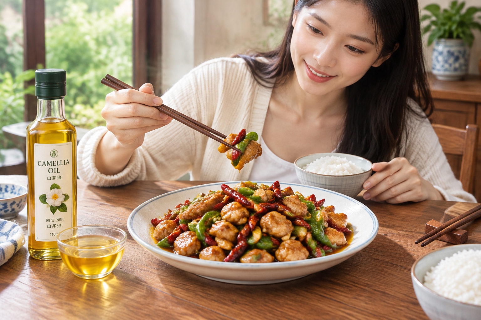 Hunan stir-fried chicken with green peppers and a small bowl of golden camellia oil on a wooden table