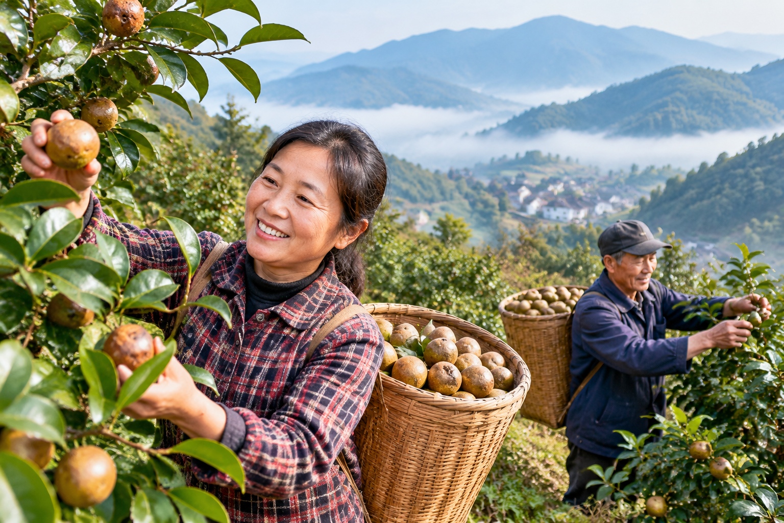 Hunan villagers harvesting oil tea fruits in woven baskets on a misty mountain hillside