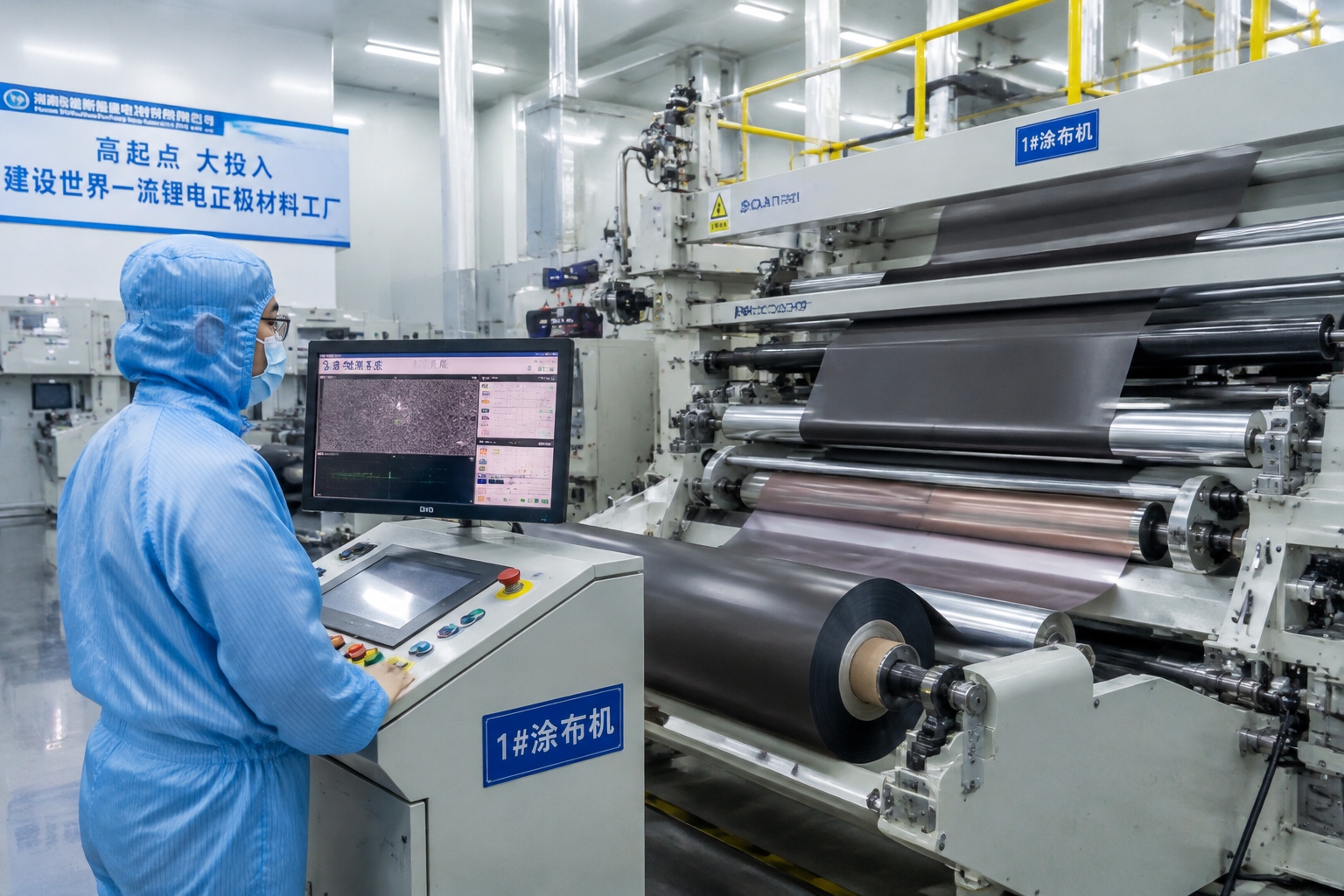 Technician monitors automated coating line for battery electrode materials in Hunan