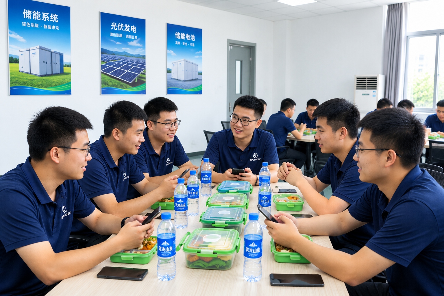 Young workers taking a break inside a battery factory in Hunan