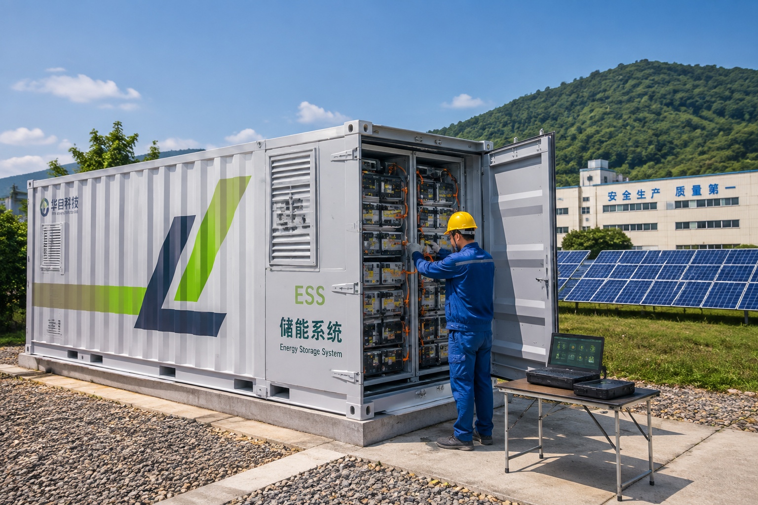 Worker inspecting container-sized energy storage system with solar panels in Hunan