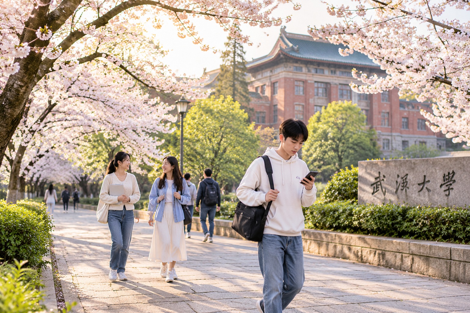 Students walking through Wuhan University campus in spring, with cherry blossoms and historic red-brick buildings in the background.