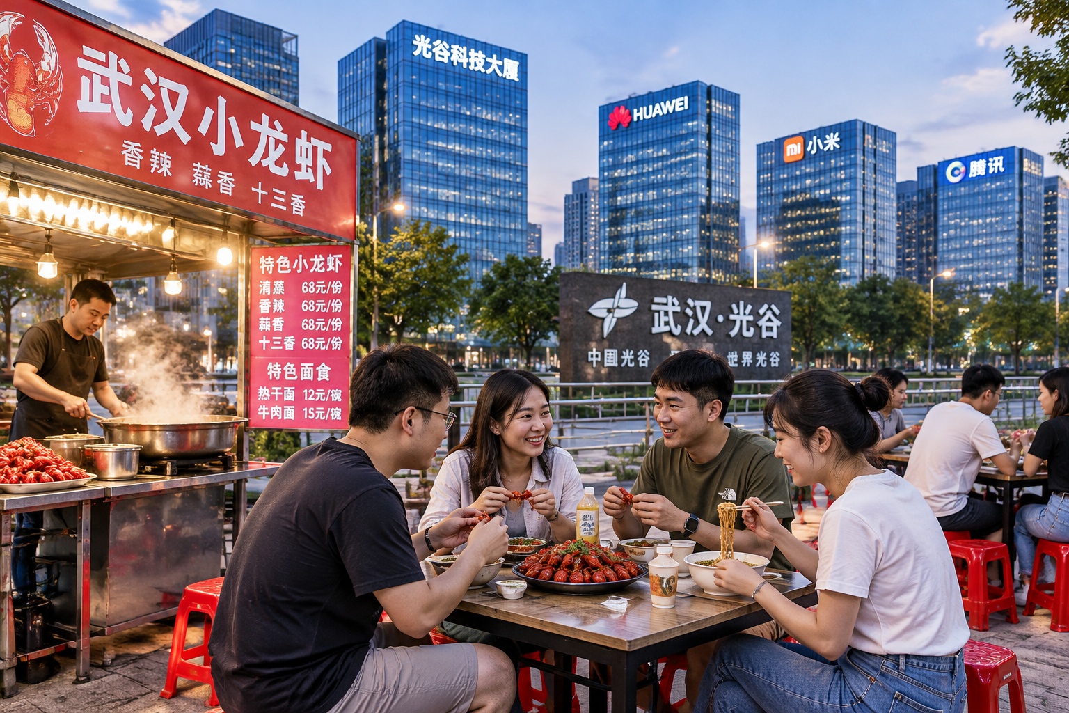 Office workers in Wuhan's Optical Valley enjoying street food at an evening food stall, with high-tech buildings in the background.