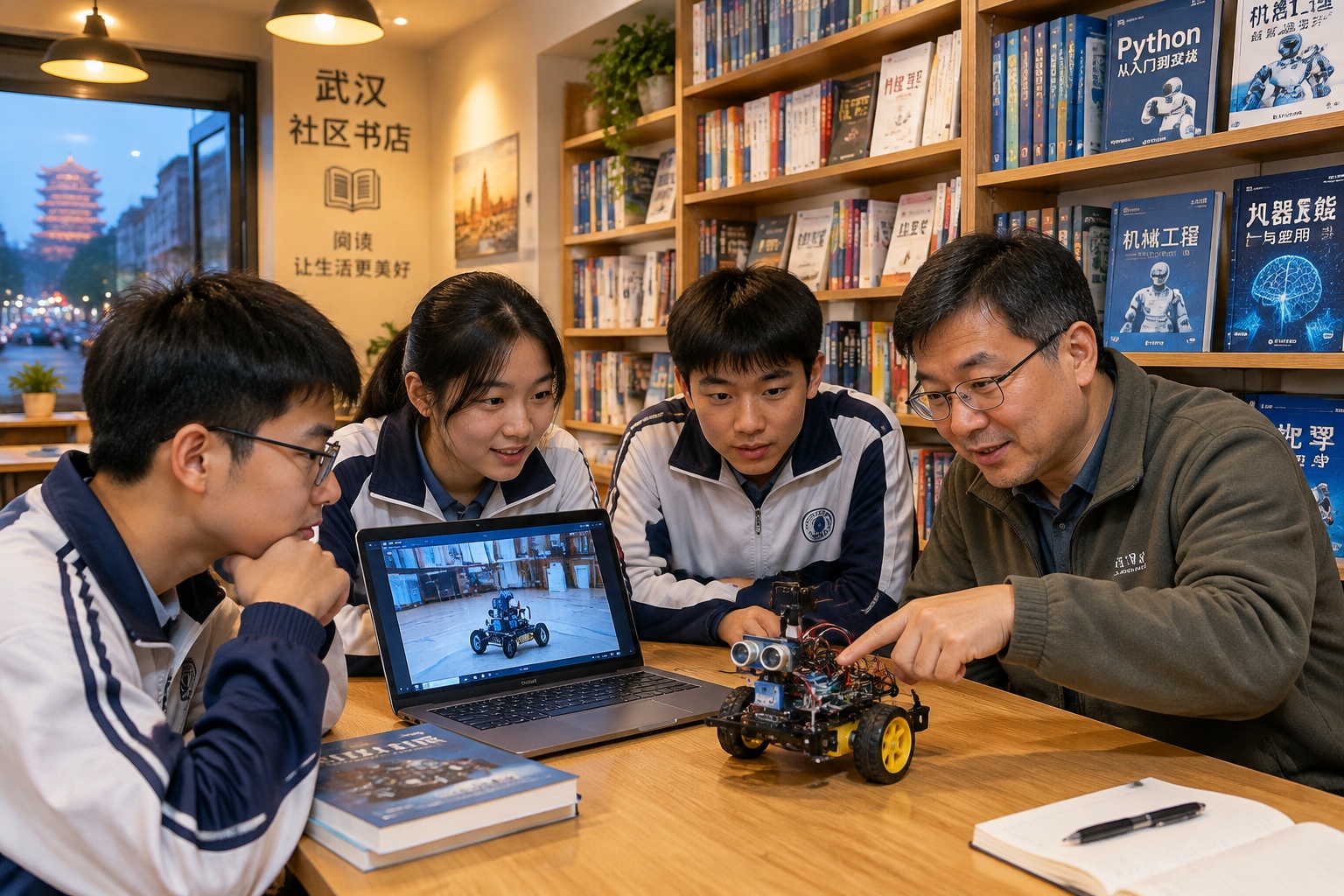 High school students in a Wuhan bookstore learning about robotics during an informal evening lecture.