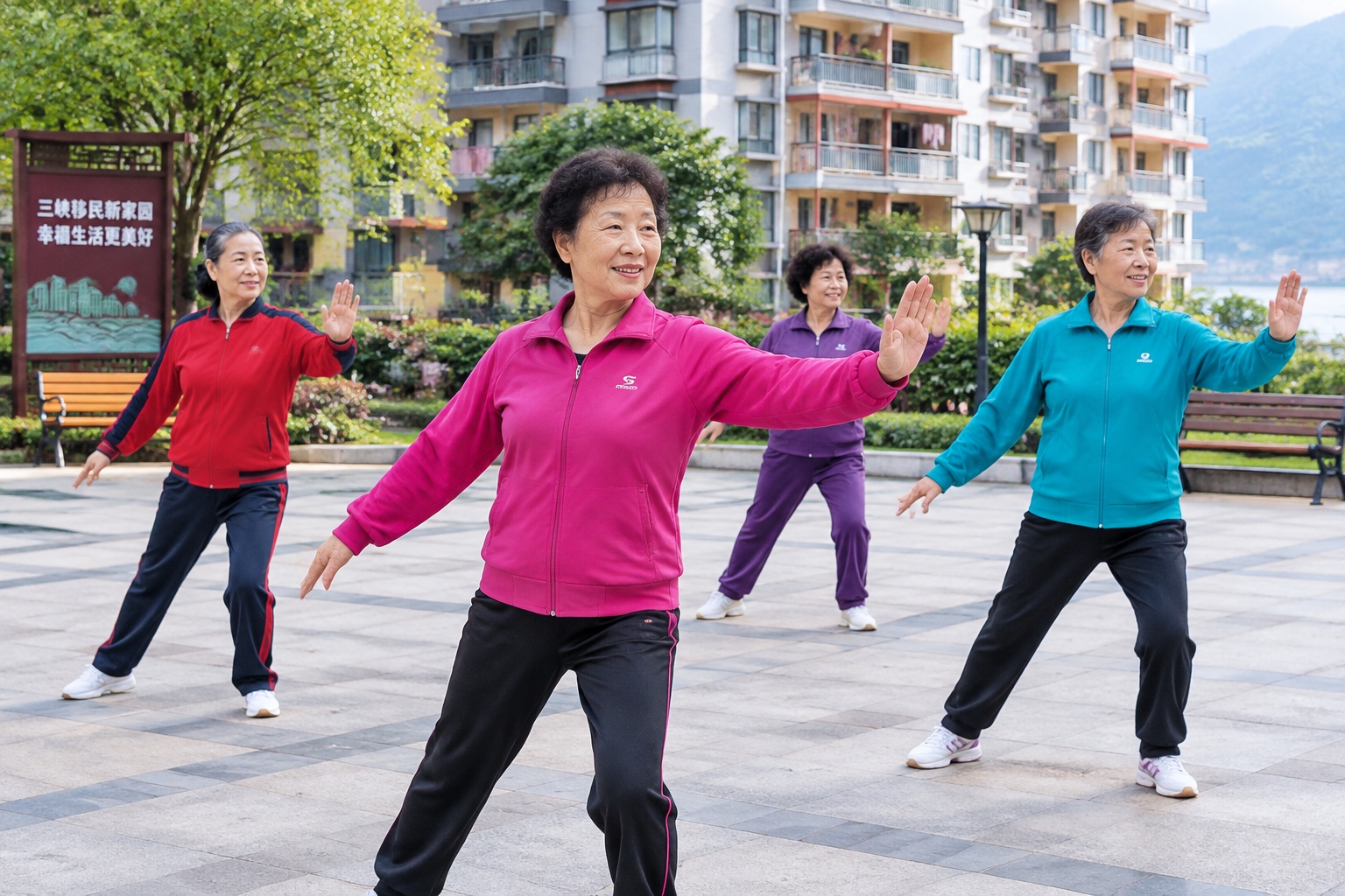 Elderly residents of a Three Gorges resettlement community practice group dance in a public square, surrounded by apartment buildings