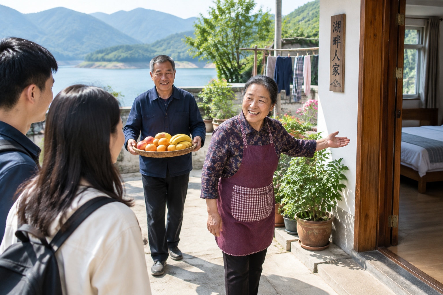 Former farmer hosts show off their guesthouse rooms to visitors near the Three Gorges Reservoir