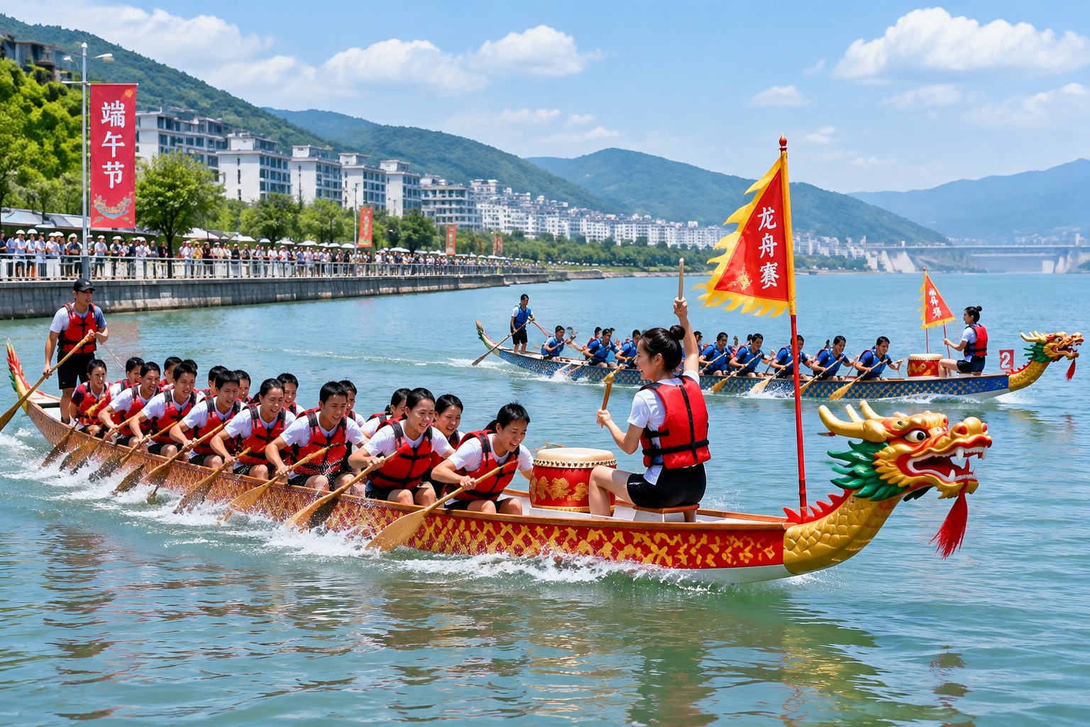 Dragon boats race on the calm water of the Three Gorges Reservoir while spectators cheer from shore