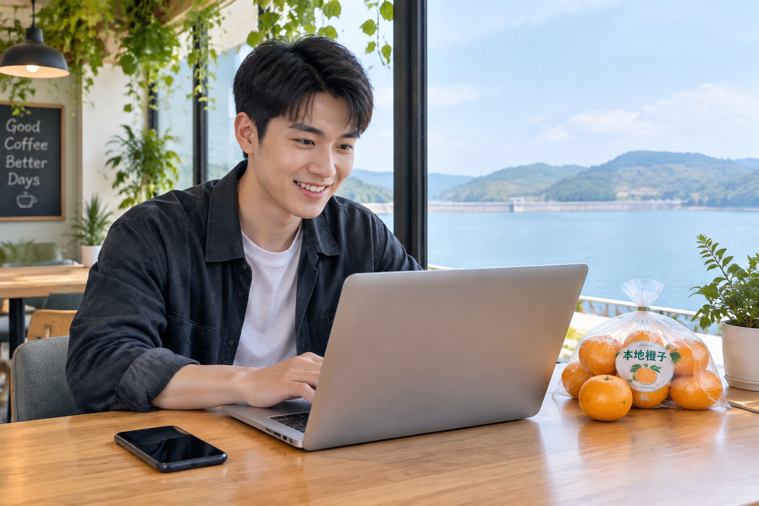 A young entrepreneur runs his café and online orange business with a view of the reservoir