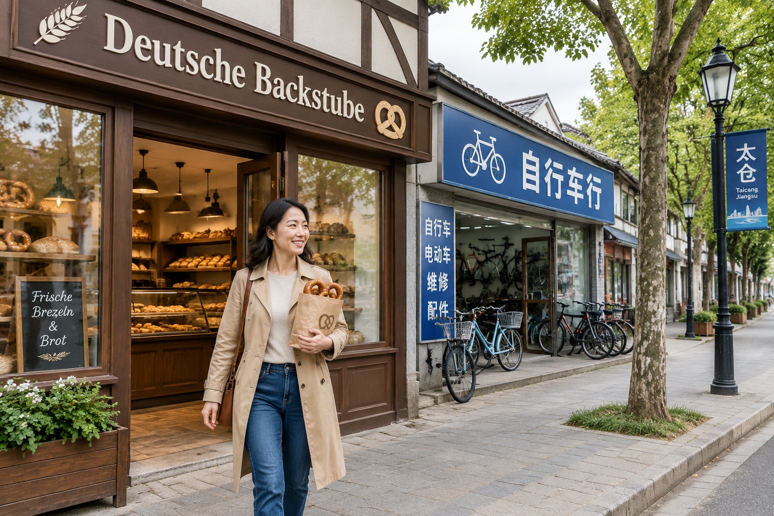 Street in Taicang with German bakery and Chinese shop showing cultural mix