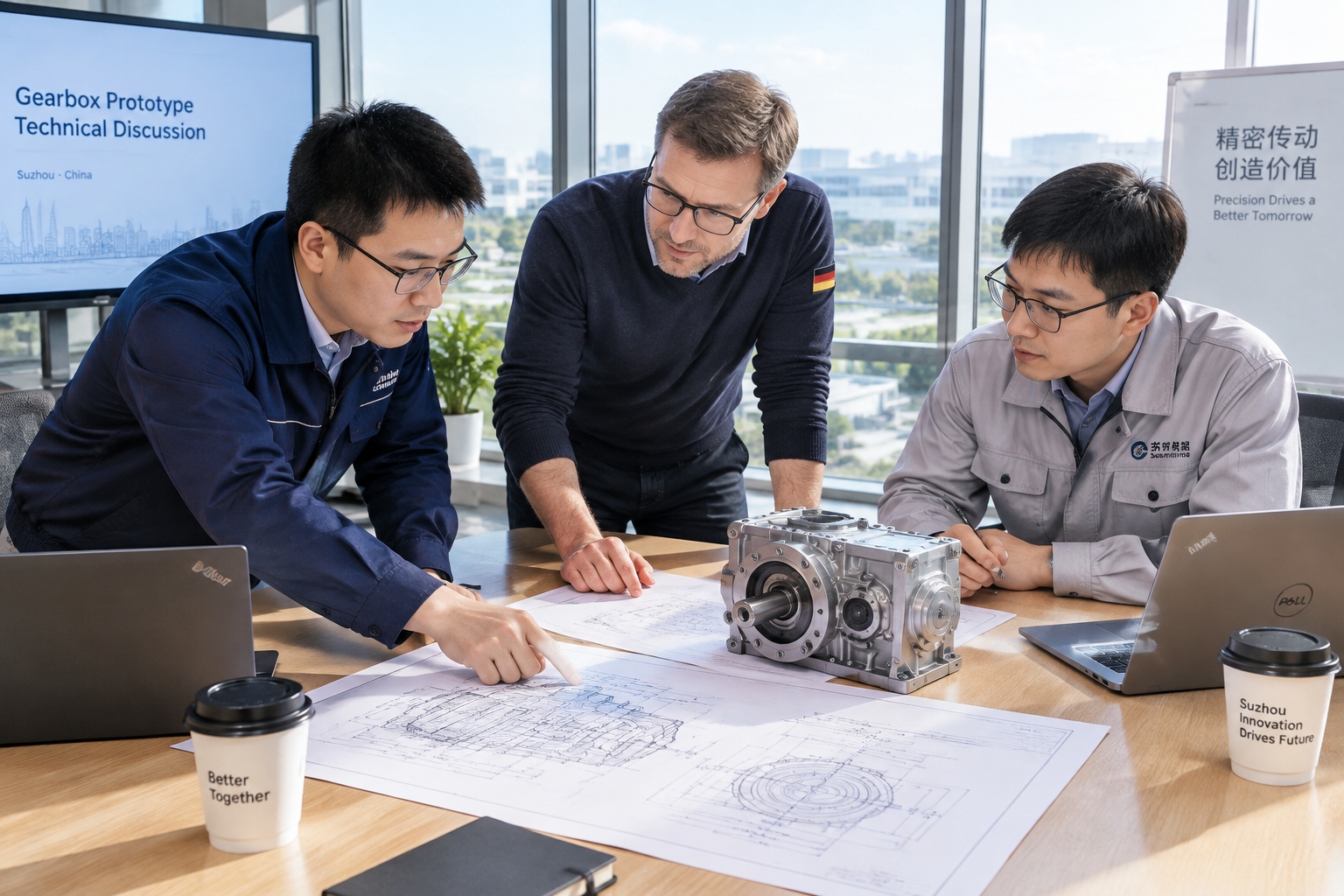 German and Chinese engineers collaborating on a gearbox prototype in Suzhou factory