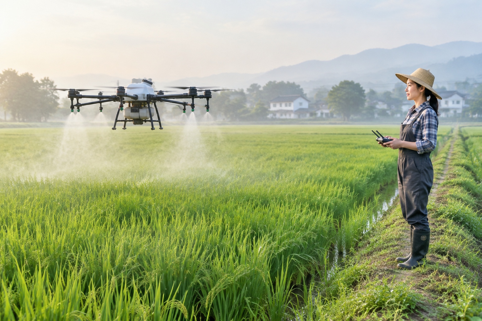 Agricultural drone spraying rice paddy in Jiangsu with farmer watching from field edge