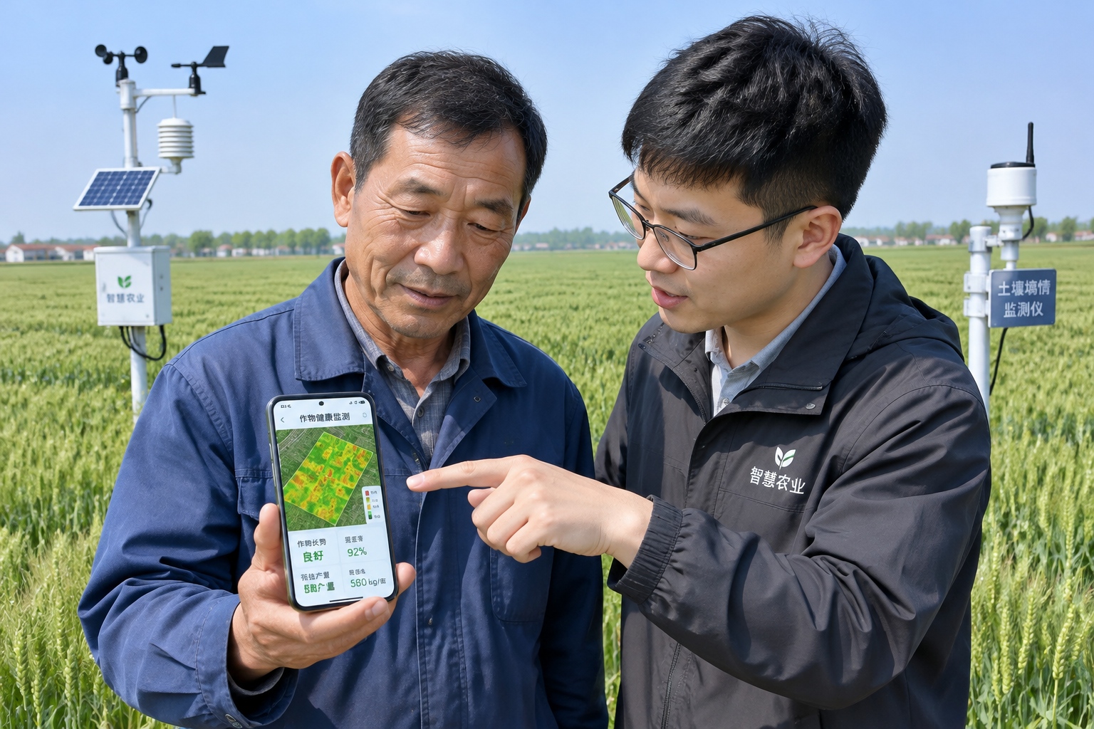 Farmer using smartphone with crop health data in wheat field, Jiangsu