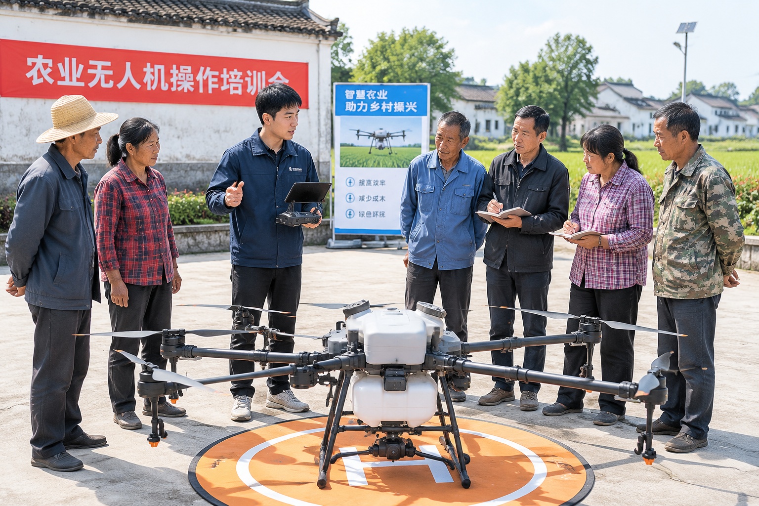 Training session where young technician teaches farmers to use agricultural drone in Jiangsu village