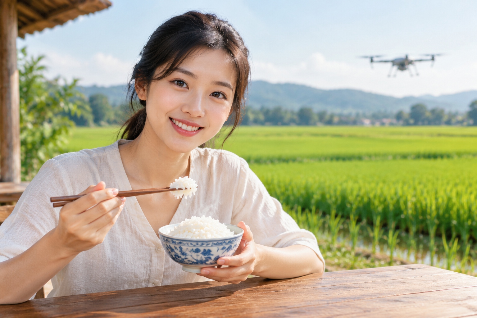 Bowl of rice with drone flying over paddy field in background representing future of food