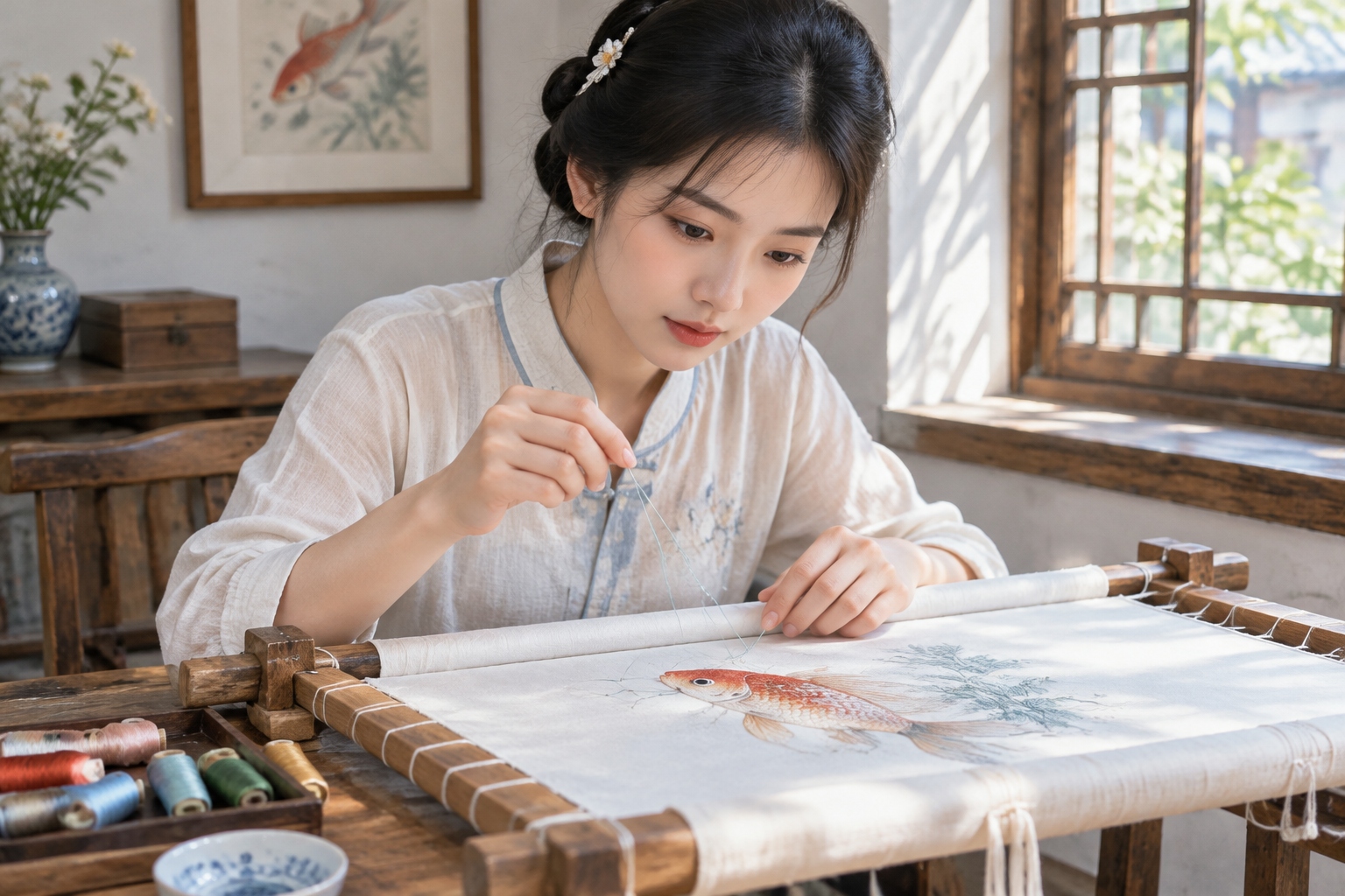 A young embroiderer in Suzhou working on a delicate silk koi fish pattern at her wooden embroidery frame