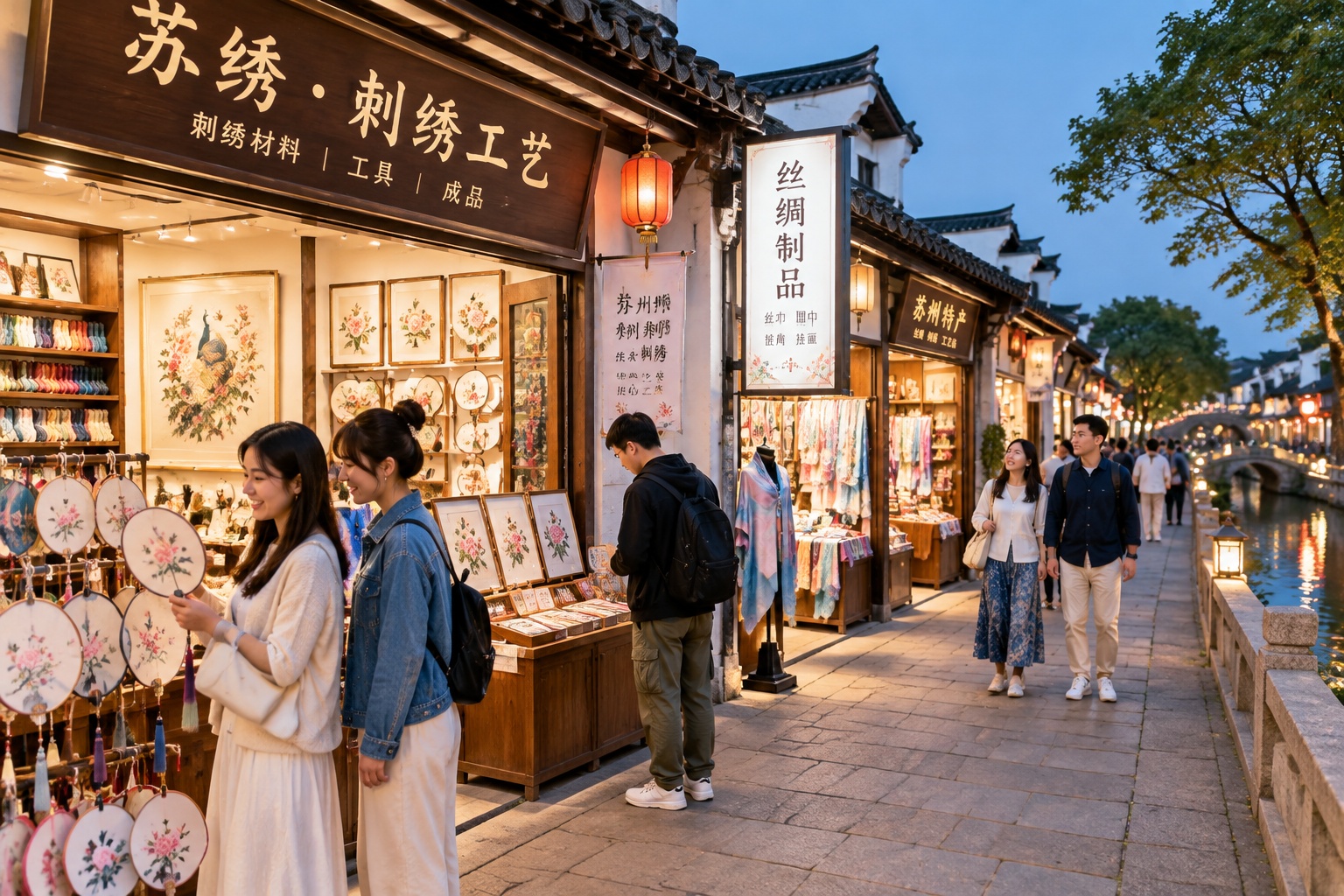An evening street in Zhenhu Suzhou filled with embroidery shops and tourists browsing handcrafted silk products
