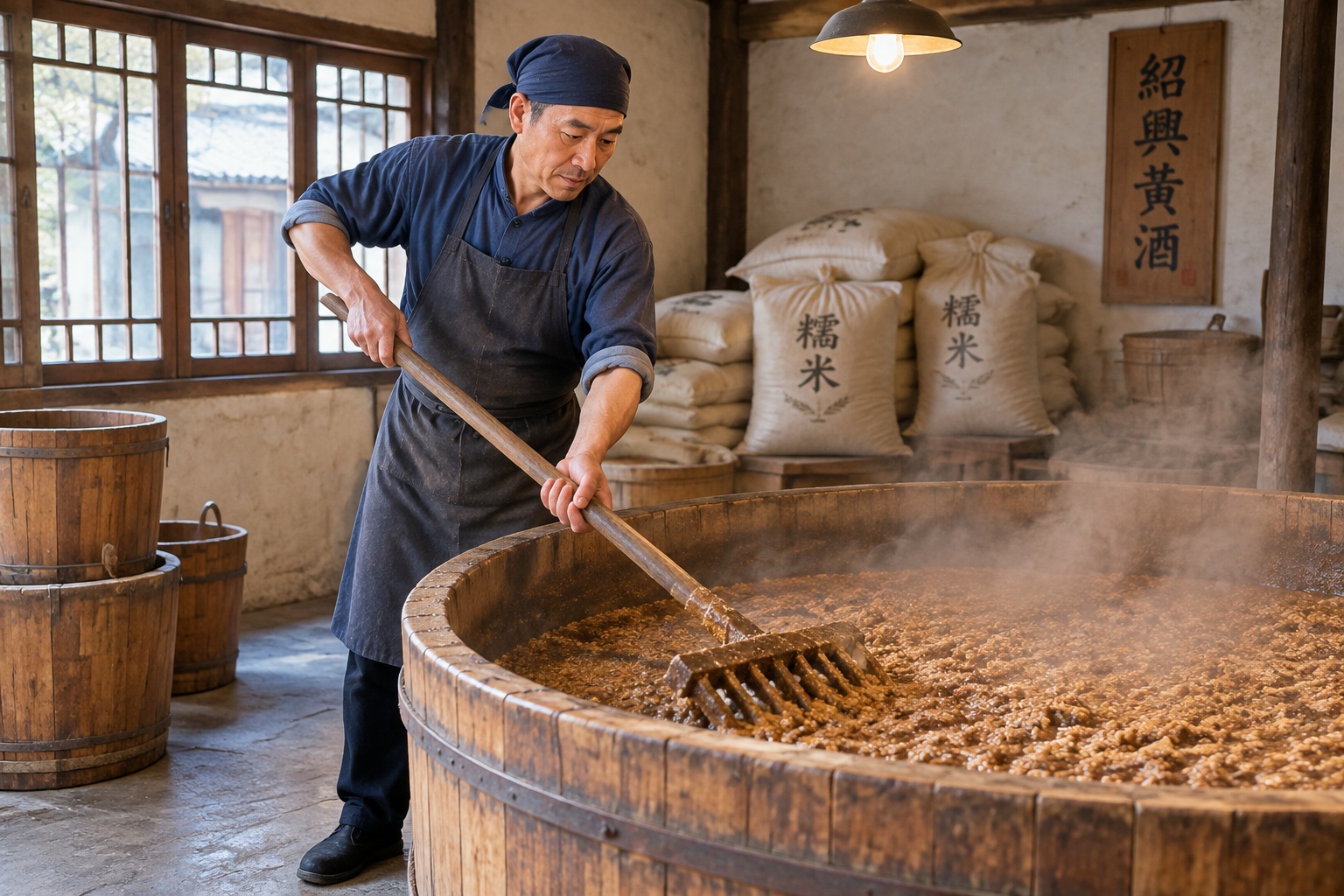 Shaoxing rice wine maker stirring fermentation mash with a wooden rake inside a traditional brewery