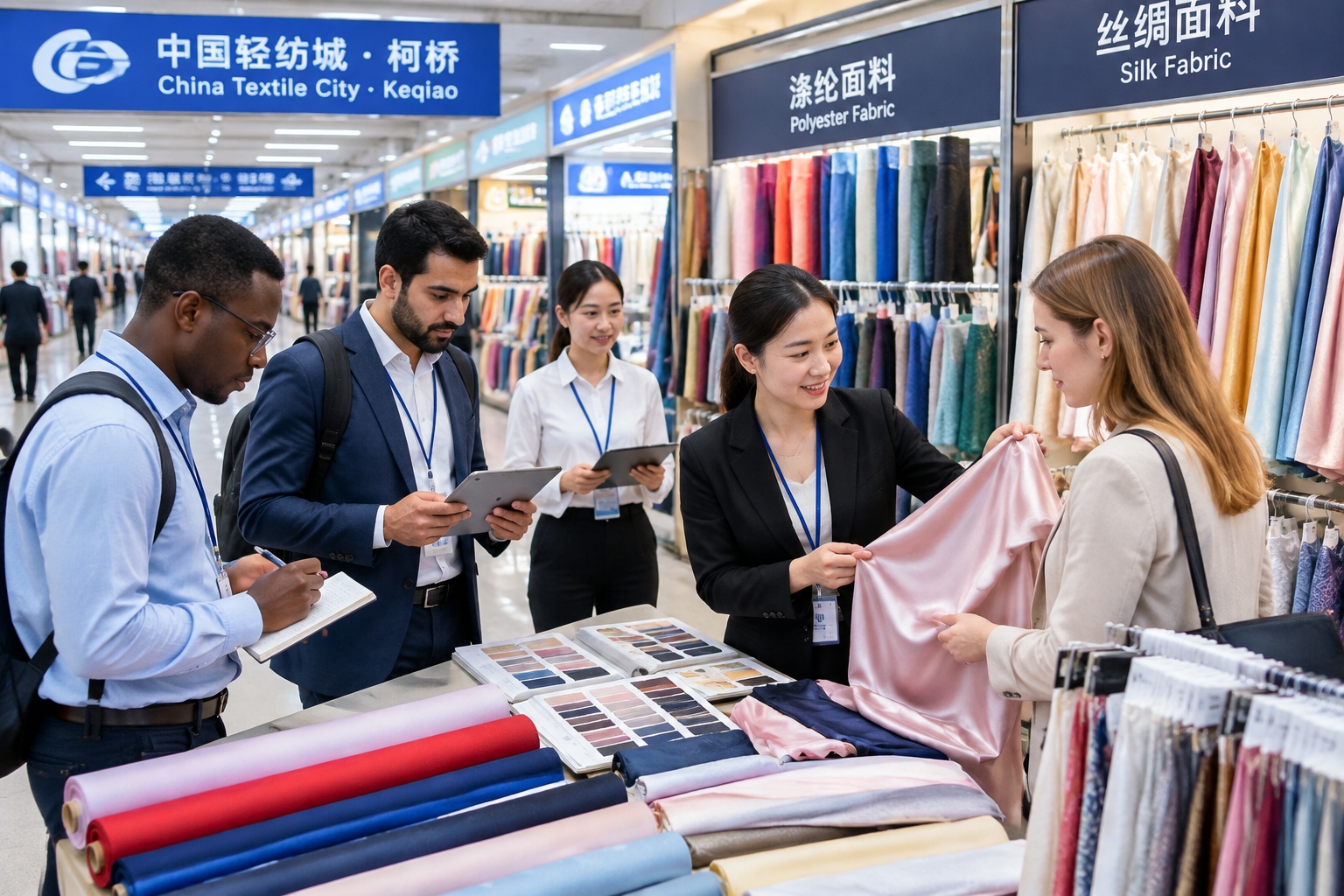 Fabric buyers examining sample swatches at the China Textile City in Keqiao, Shaoxing