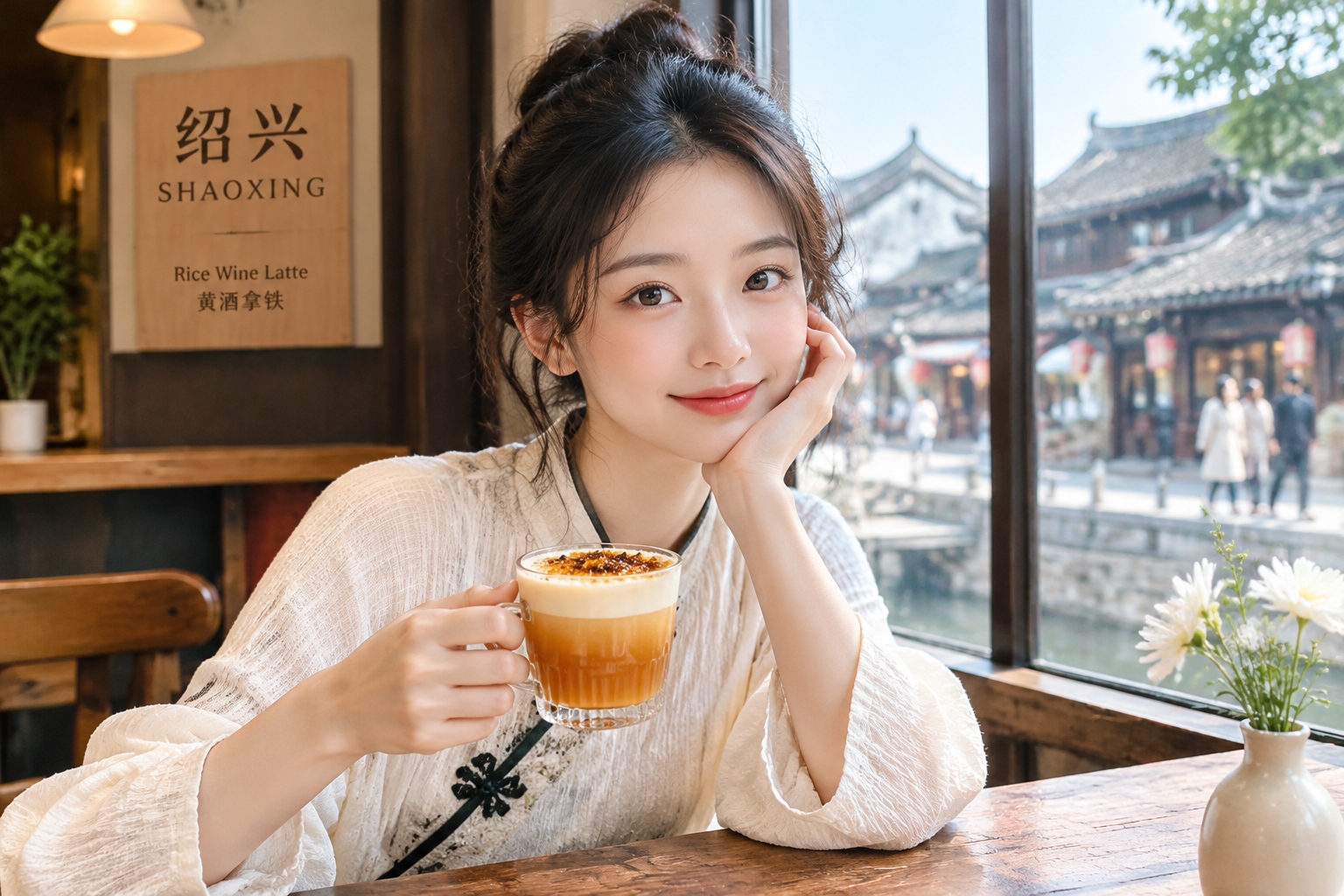 Young woman enjoying a rice wine latte at a modern cafe in Shaoxing old town