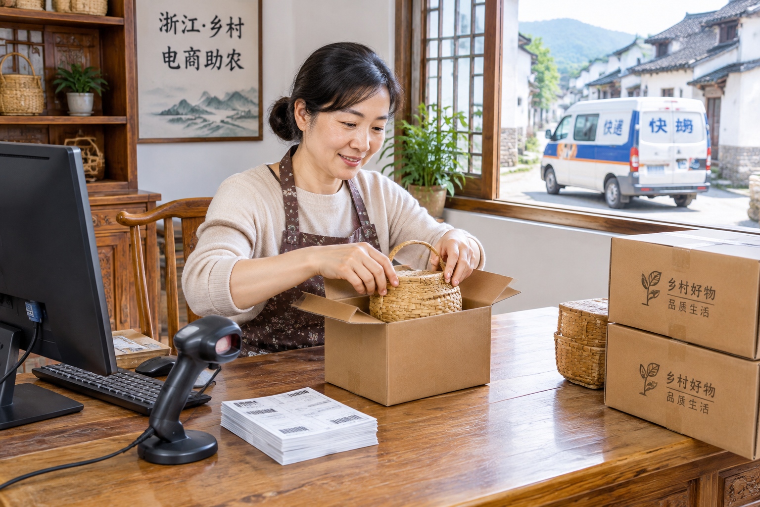A woman in a Zhejiang village packing a woven basket into a cardboard box in a room equipped with a computer and shipping supplies, showing a typical Taobao village workshop.