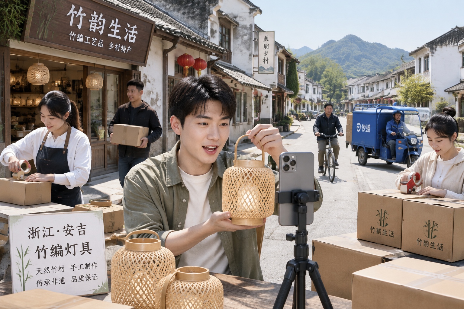 A young man live-streaming a bamboo lamp on a village street while other villagers pack boxes, illustrating the live-streaming trend in Zhejiang's Taobao villages.