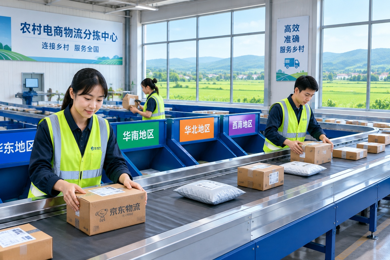 Workers sorting packages in a rural logistics sorting center in China, with green fields visible outside, showing the scale of Taobao village shipping operations.