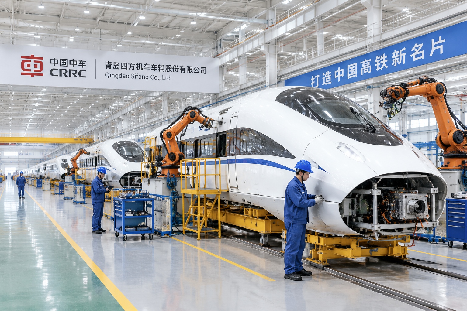 Workers assembling Fuxing bullet trains at the Qingdao factory
