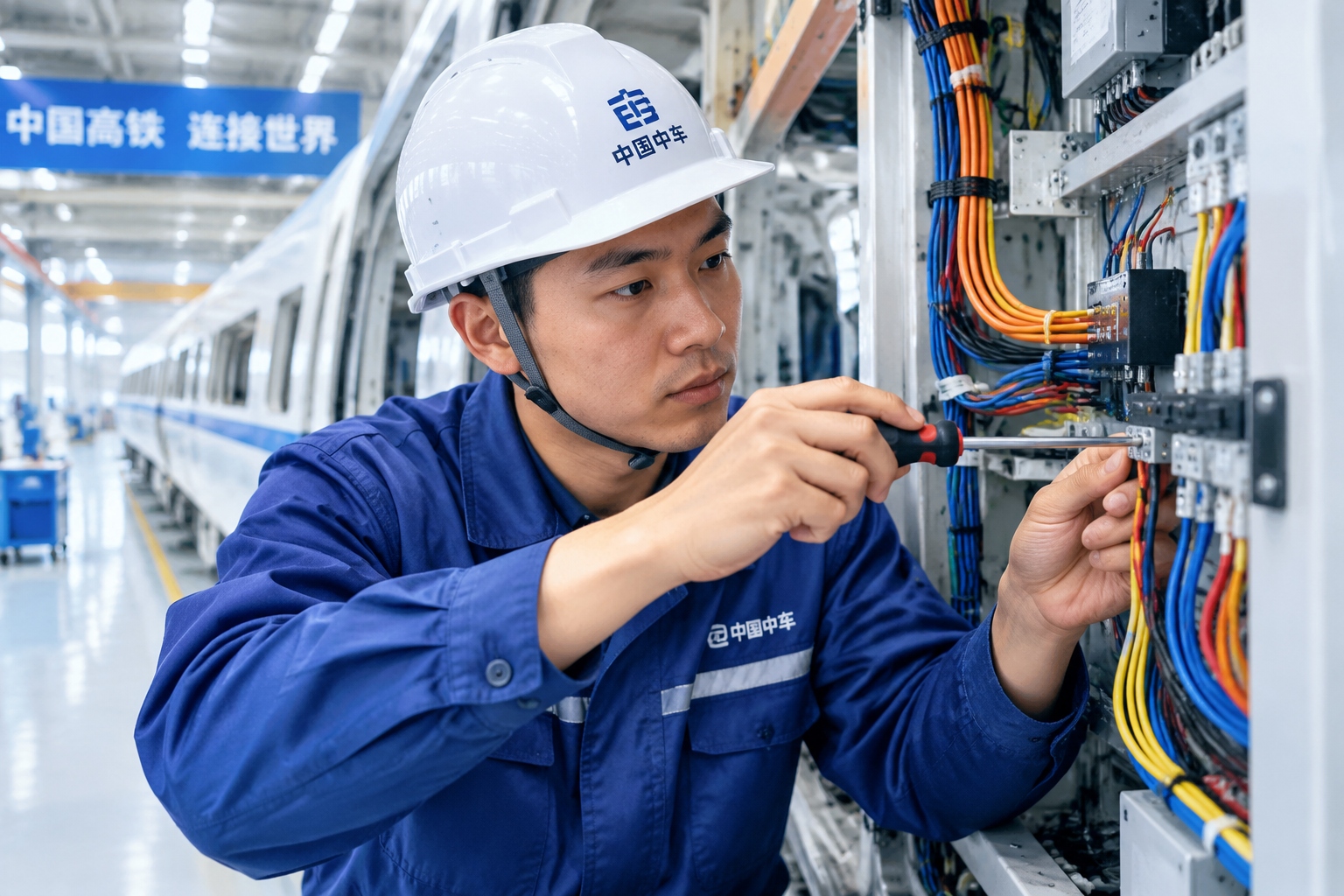 Technician installing cables inside a train at the Qingdao factory