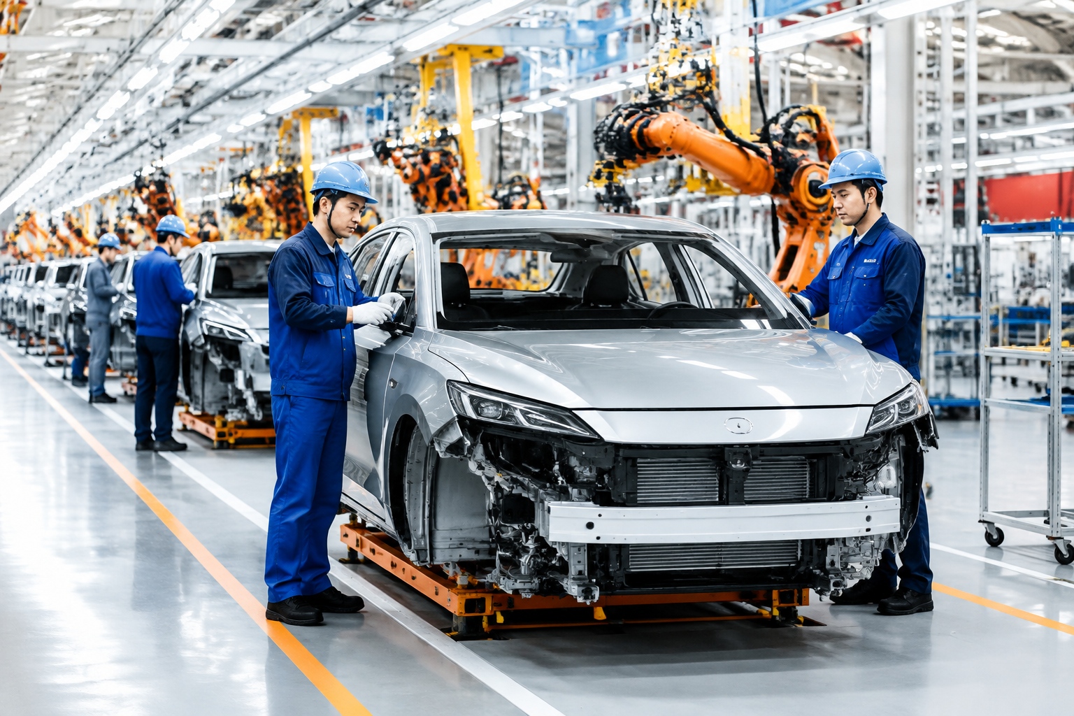 Workers and robotic arms on BYD's automated EV assembly line in Zhengzhou, China