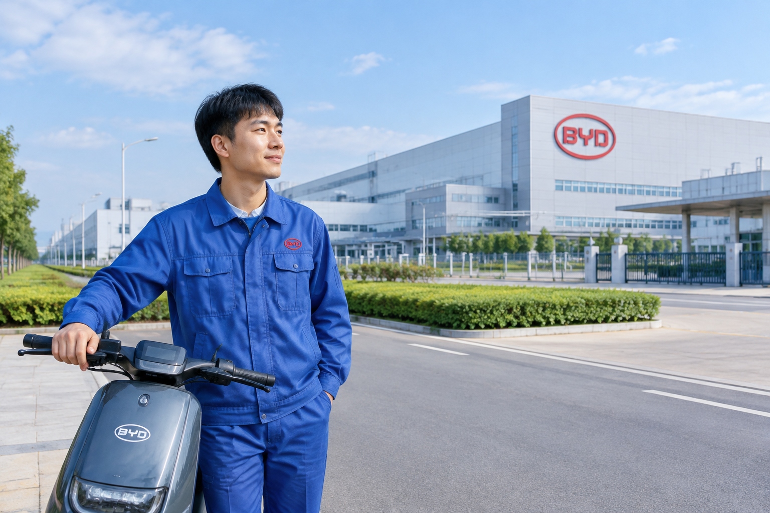 A young worker takes a break outside BYD's Zhengzhou EV factory, with the factory visible in the background