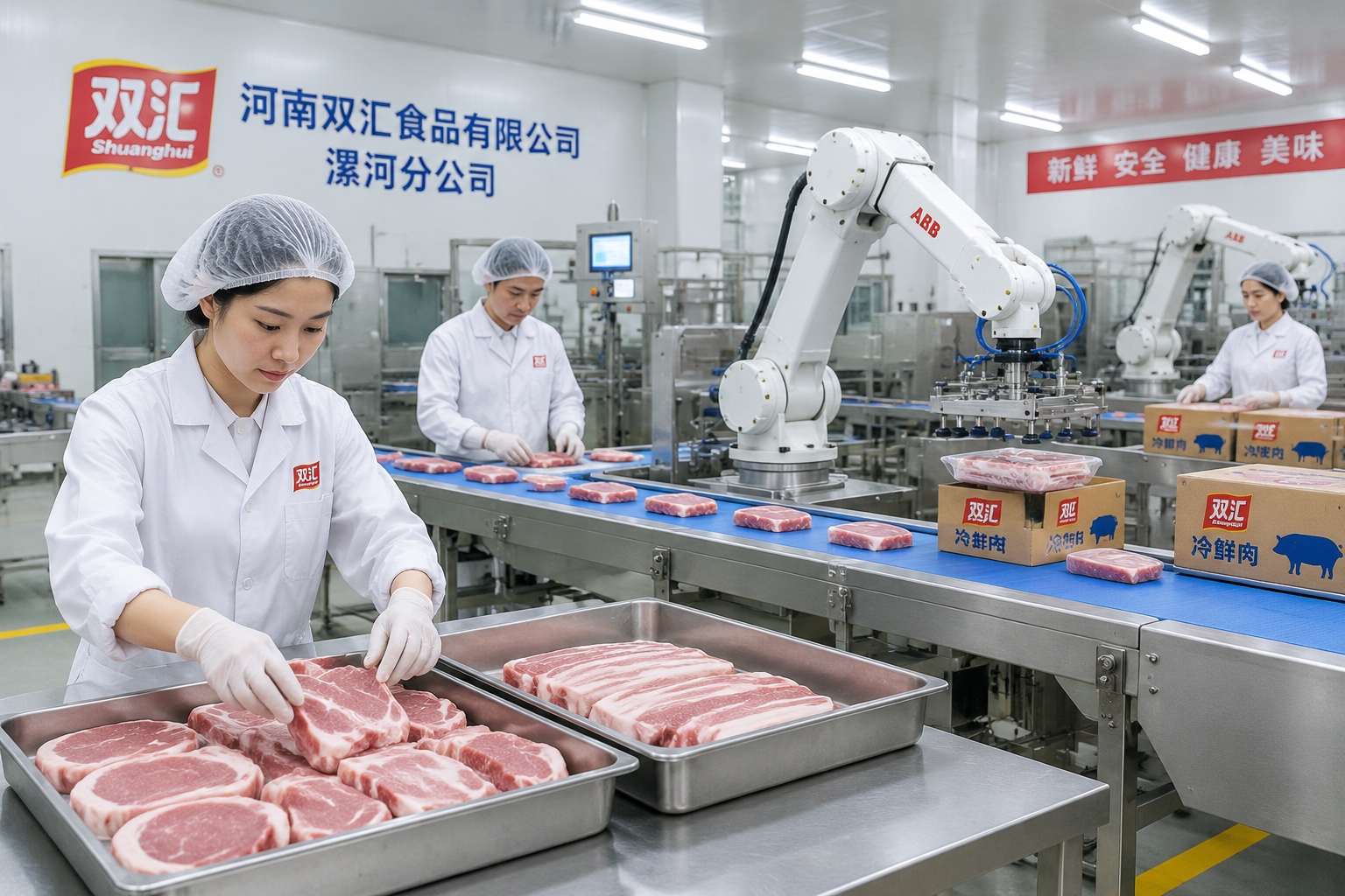 The Journey of a Ham Sausage: Inside Shuanghui, the World's Largest Pork Processor 23 Workers and automated machines on a pork processing line at Shuanghui's plant in Luohe, China.