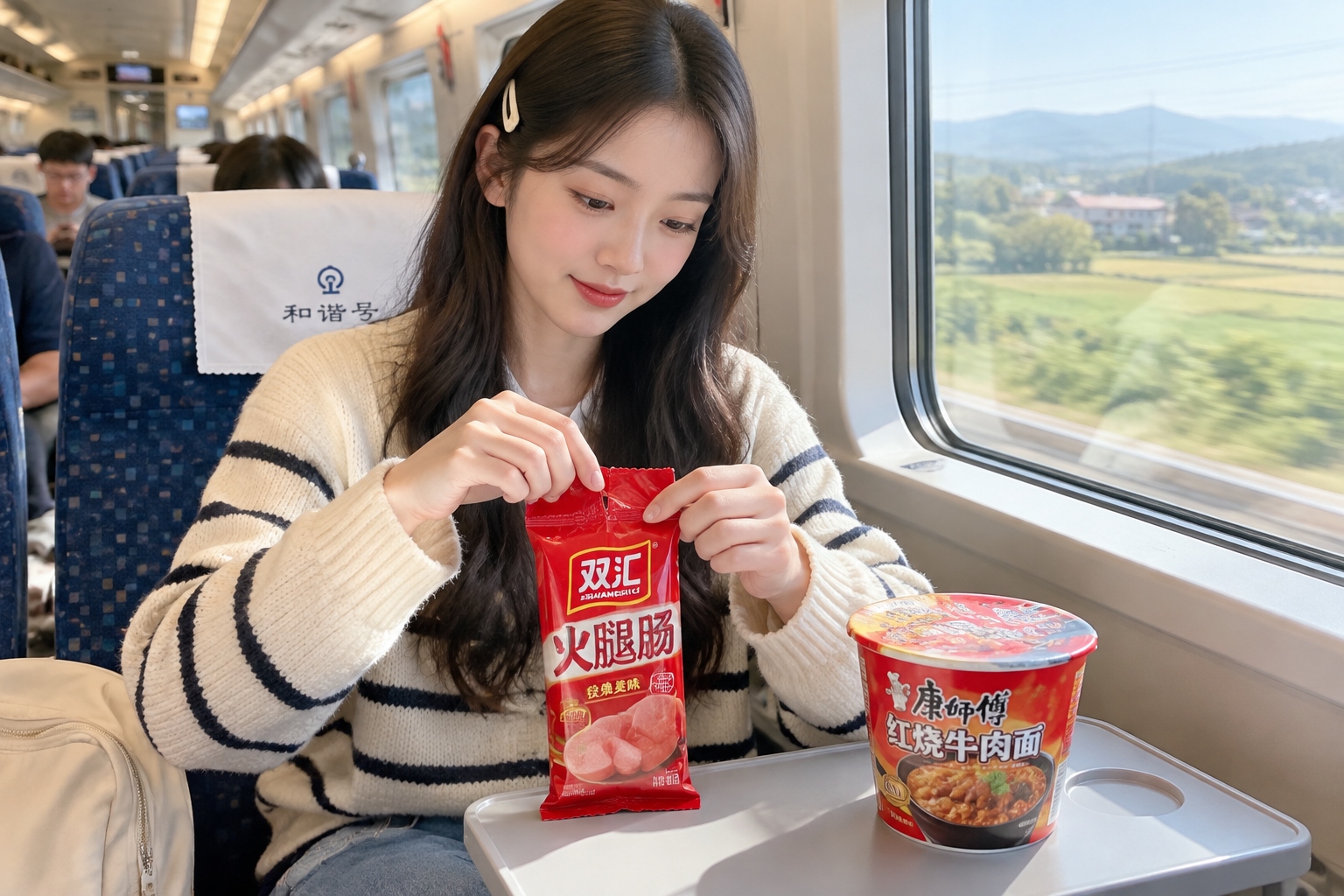 The Journey of a Ham Sausage: Inside Shuanghui, the World's Largest Pork Processor 25 Travelers eating a Shuanghui ham sausage with instant noodles on a Chinese high-speed train.
