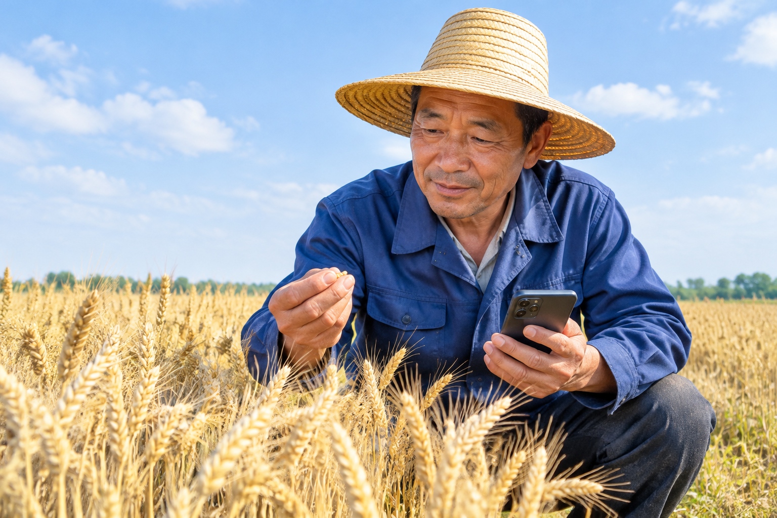 Henan farmer inspecting nearly ripe wheat grains in his hand in a golden field at morning