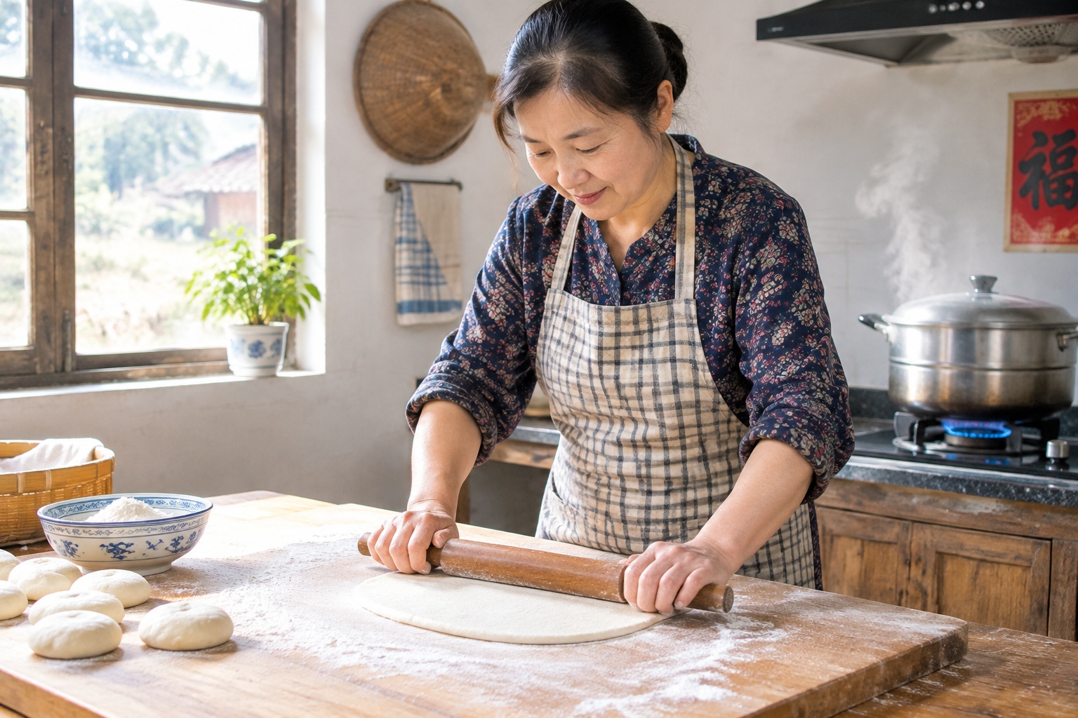 Wife hand-making wheat flour noodles in a Henan farmhouse kitchen as lunch simmers on the stove