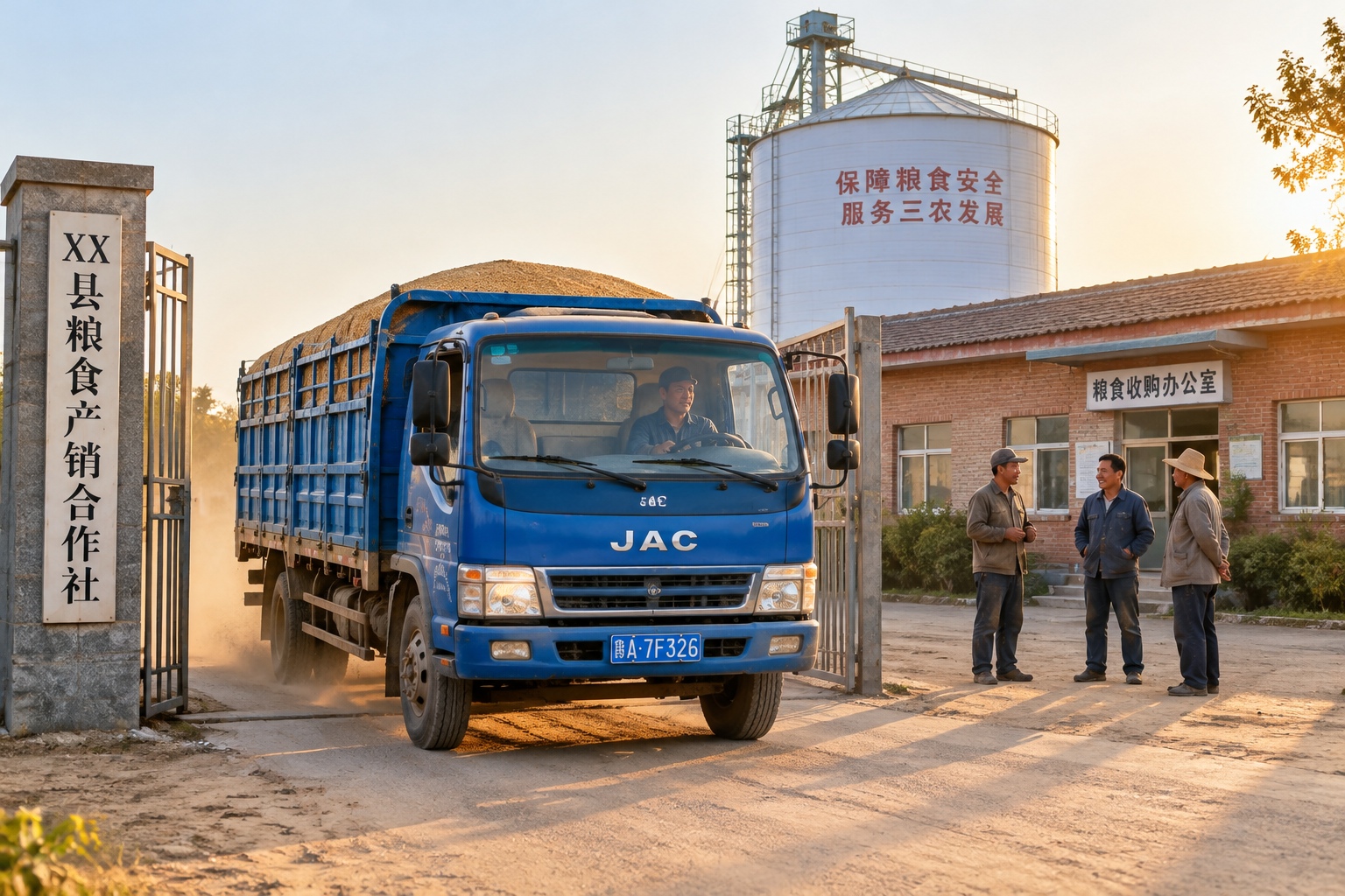 Truck carrying cooperative wheat leaves a Henan grain yard towards the flour mill in the evening light