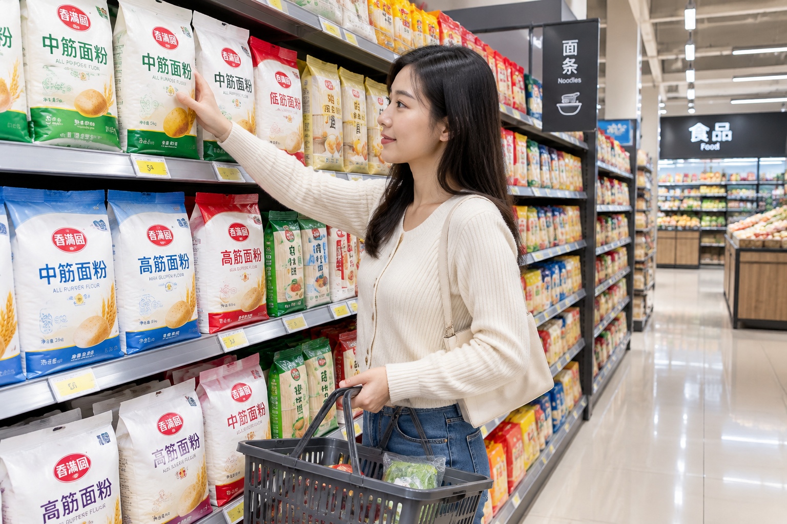 Chinese supermarket shopper picking up packaged flour and noodles made from Henan wheat