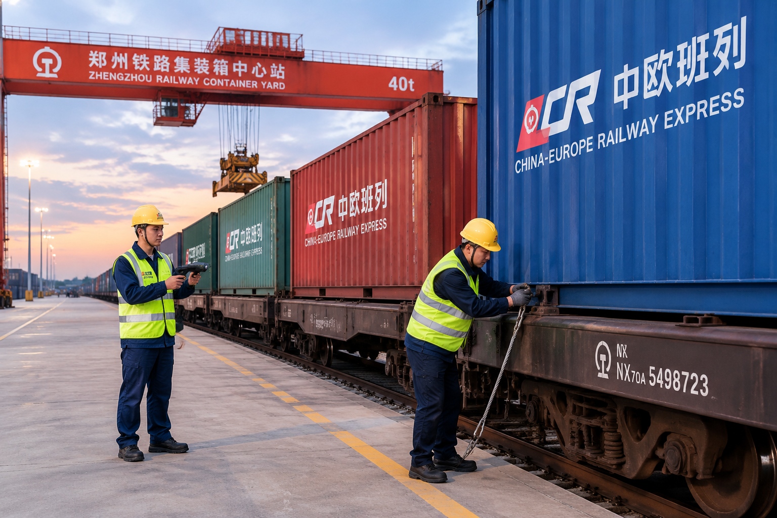 Workers load containers onto a China-Europe Railway Express train in Zhengzhou, Henan.