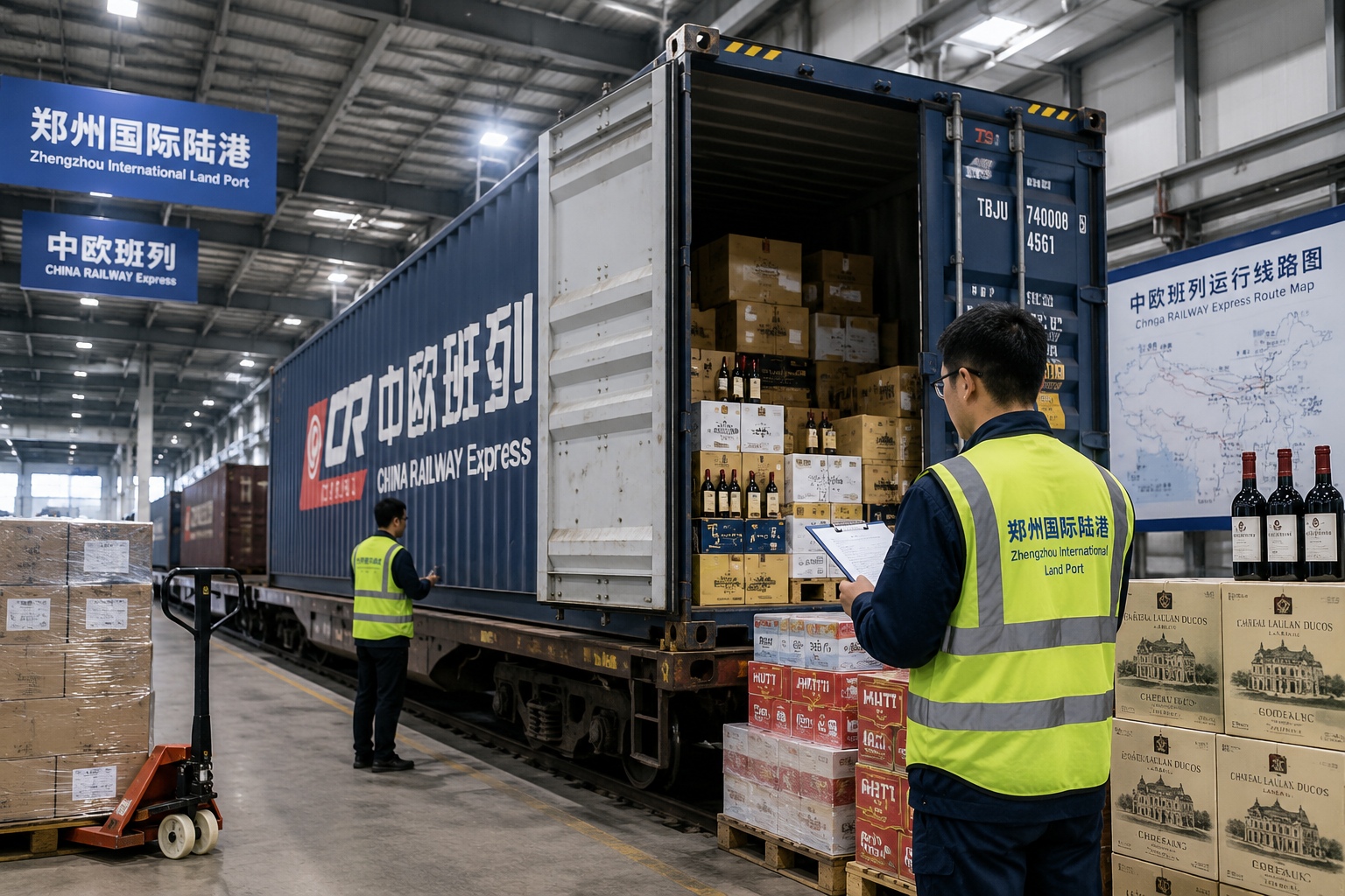 European wine and food products unloaded from a return China-Europe train in a Zhengzhou warehouse.