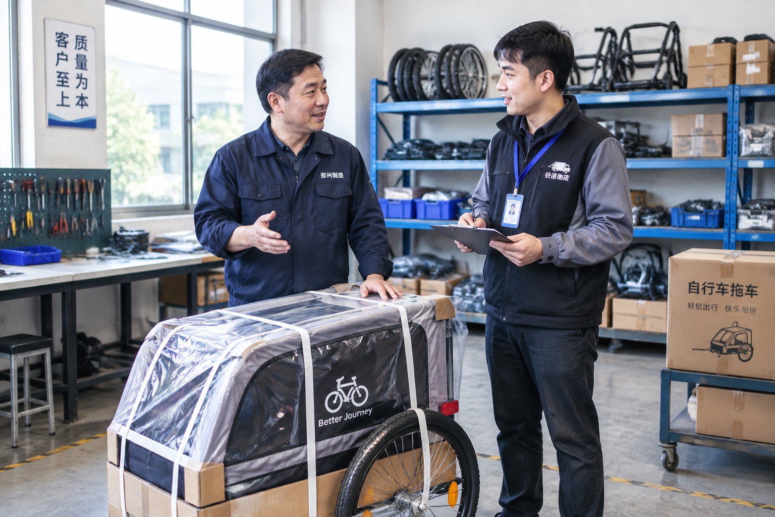 A factory owner in Henan discusses shipping a bicycle trailer with a logistics agent.
